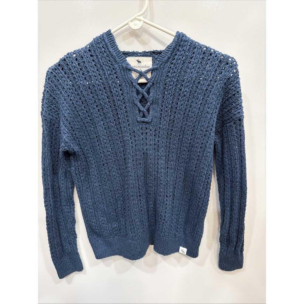 Abercrombie Kids Girls Blue Open Knit Lace Up Hooded Sweater Size 11/12